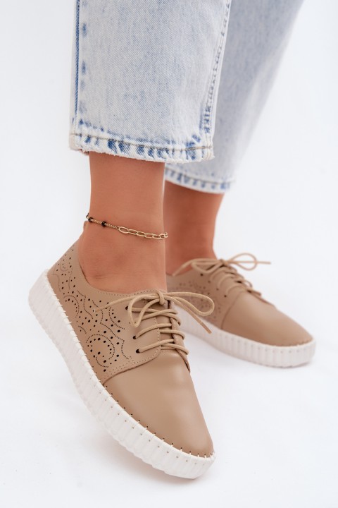 Women's Perforated Lace-up Shoes Dark Beige Pearla