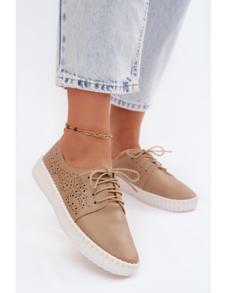 Women's Perforated Lace-up Shoes Dark Beige Pearla