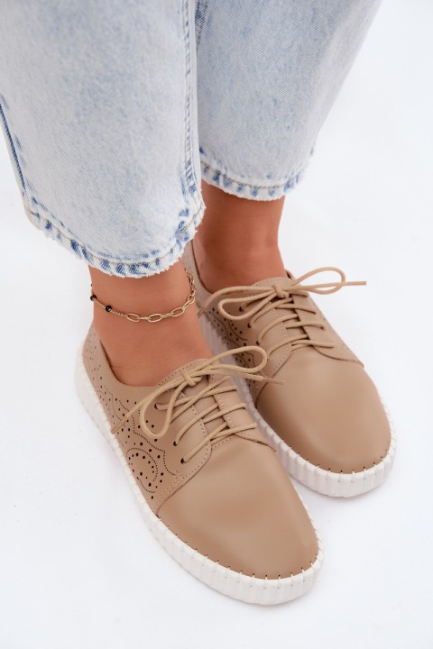 Women's Perforated Lace-up Shoes Dark Beige Pearla