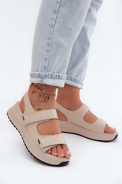 Leather Women's Platform Sandals With Velcro Beige Jemela