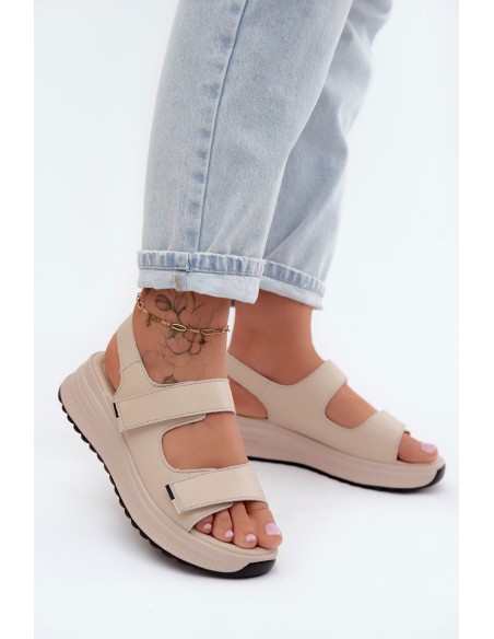 Leather Women's Platform Sandals With Velcro Beige Jemela
