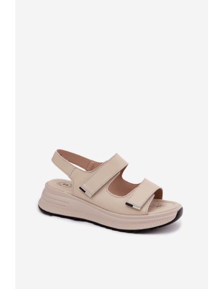 Leather Women's Platform Sandals With Velcro Beige Jemela