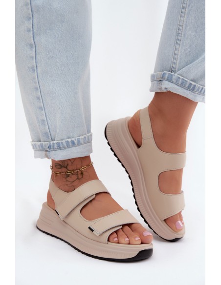 Leather Women's Platform Sandals With Velcro Beige Jemela