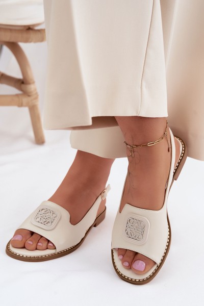 Women's Flat Heeled Sandals With Embellishment S.Barski KV61-6016 Cream