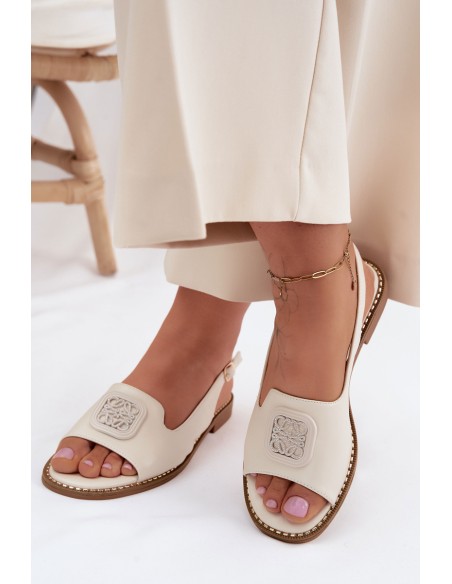 Women's Flat Heeled Sandals With Embellishment S.Barski KV61-6016 Cream