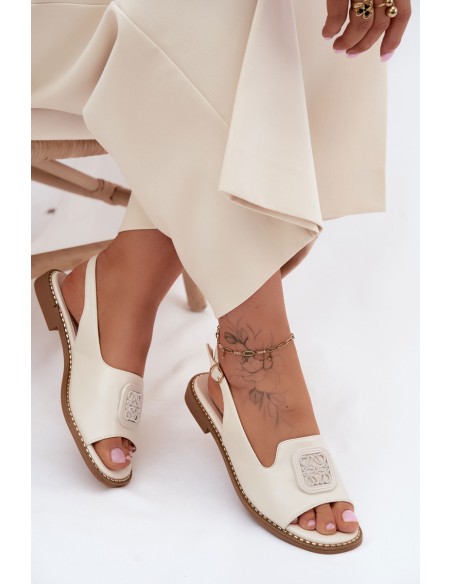 Women's Flat Heeled Sandals With Embellishment S.Barski KV61-6016 Cream