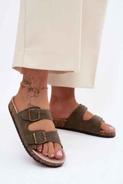 Women's Slides With Buckles On Cork Sole Dark Green Harleen
