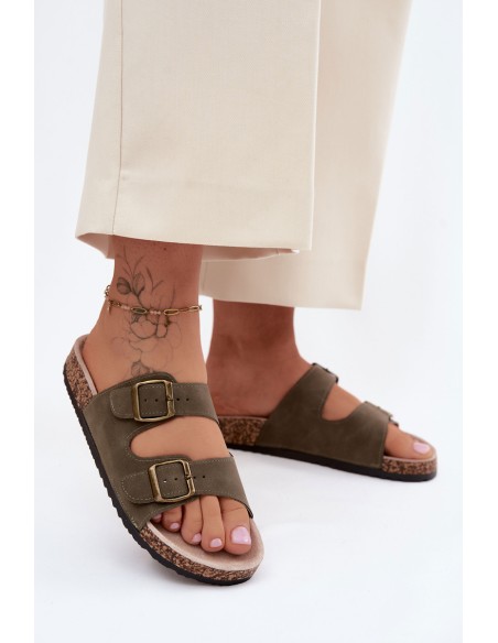 Women's Slides With Buckles On Cork Sole Dark Green Harleen