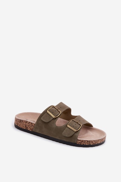 Women's Slides With Buckles On Cork Sole Dark Green Harleen 2