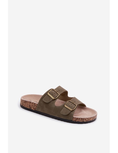 Women's Slides With Buckles On Cork Sole Dark Green Harleen