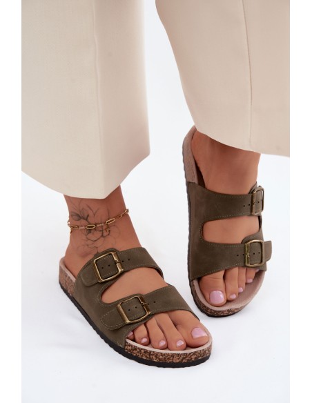 Women's Slides With Buckles On Cork Sole Dark Green Harleen