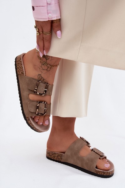 Women's Cork Sole Slippers With Buckles Snake Pattern Beige Melia