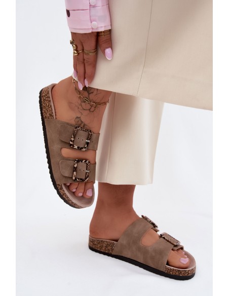 Women's Cork Sole Slippers With Buckles Snake Pattern Beige Melia