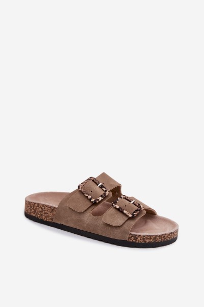 Women's Cork Sole Slippers With Buckles Snake Pattern Beige Melia 2
