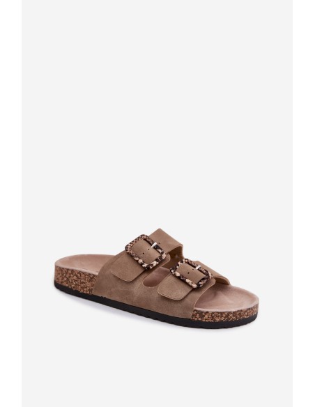 Women's Cork Sole Slippers With Buckles Snake Pattern Beige Melia