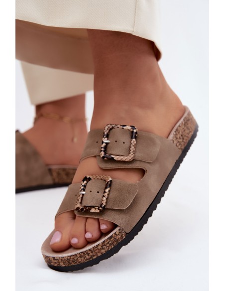 Women's Cork Sole Slippers With Buckles Snake Pattern Beige Melia