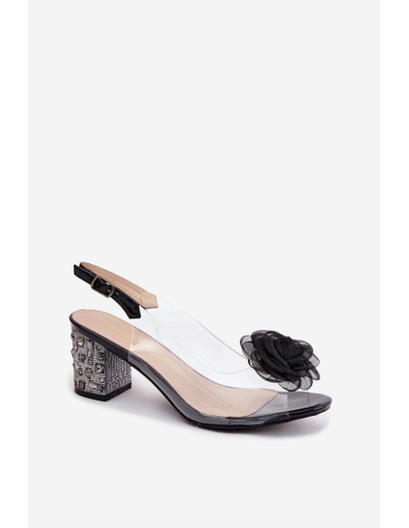 Transparent Block Heel Sandals With Crystals Mesh Rose D&A MR61-9011 Black