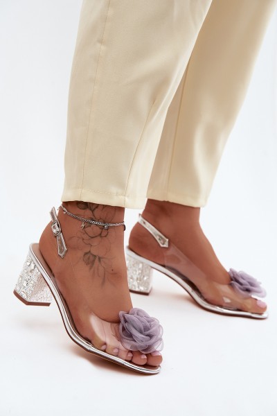 Transparent Sandals With Block Heel And Crystals Mesh Rose D&A MR61-9011 Silver