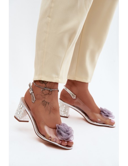 Transparent Sandals With Block Heel And Crystals Mesh Rose D&A MR61-9011 Silver