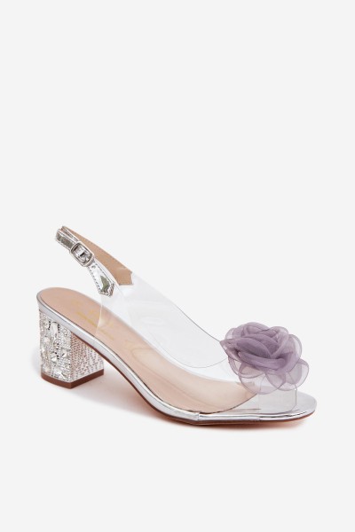 Transparent Sandals With Block Heel And Crystals Mesh Rose D&A MR61-9011 Silver 2