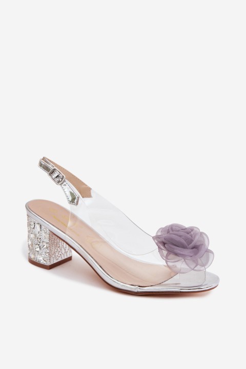 Transparent Sandals With Block Heel And Crystals Mesh Rose D&A MR61-9011 Silver