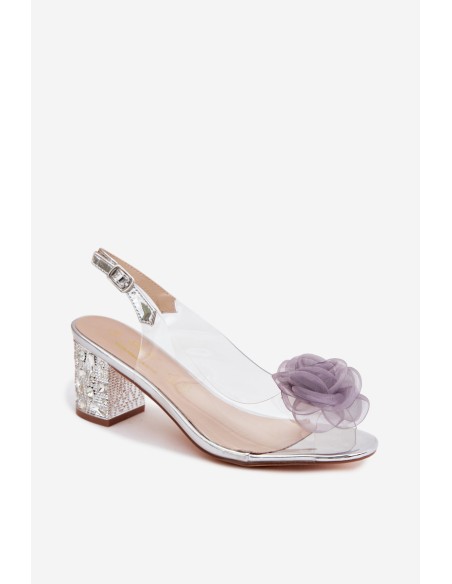 Transparent Sandals With Block Heel And Crystals Mesh Rose D&A MR61-9011 Silver