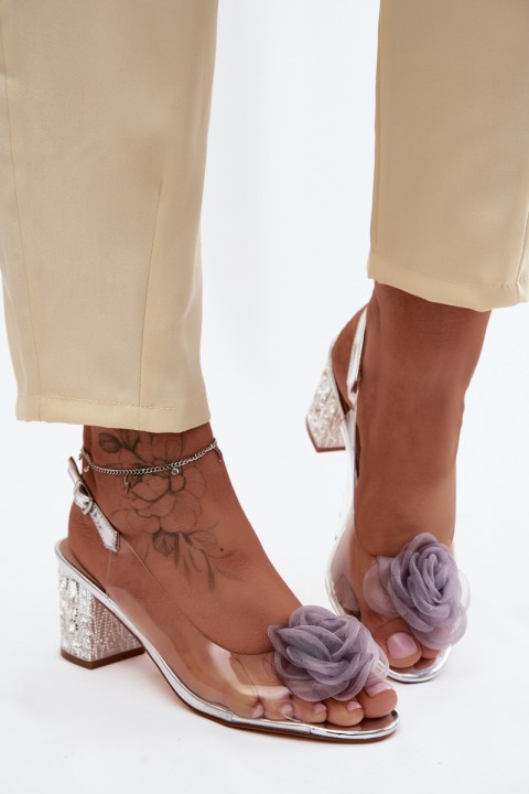 Transparent Sandals With Block Heel And Crystals Mesh Rose D&A MR61-9011 Silver
