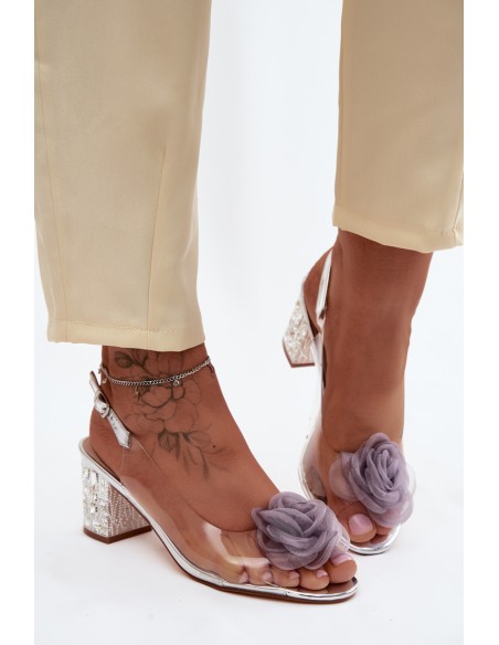 Transparent Sandals With Block Heel And Crystals Mesh Rose D&A MR61-9011 Silver