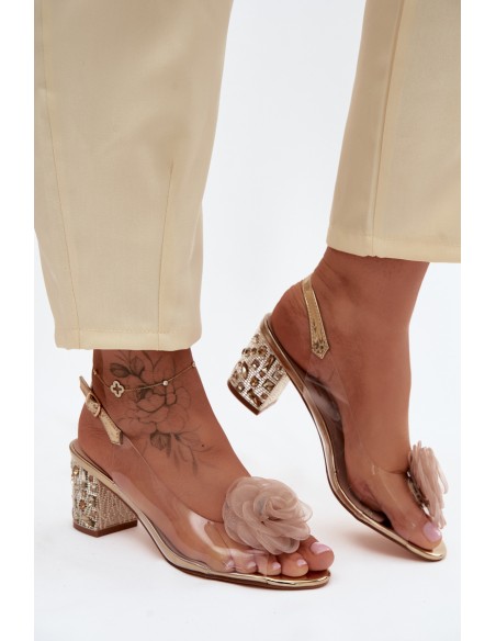Transparent Block Heel Sandals With Crystals Mesh Rose D&A MR61-9011 Gold