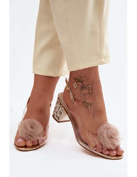 Transparent Block Heel Sandals With Crystals Mesh Rose D&A MR61-9011 Gold