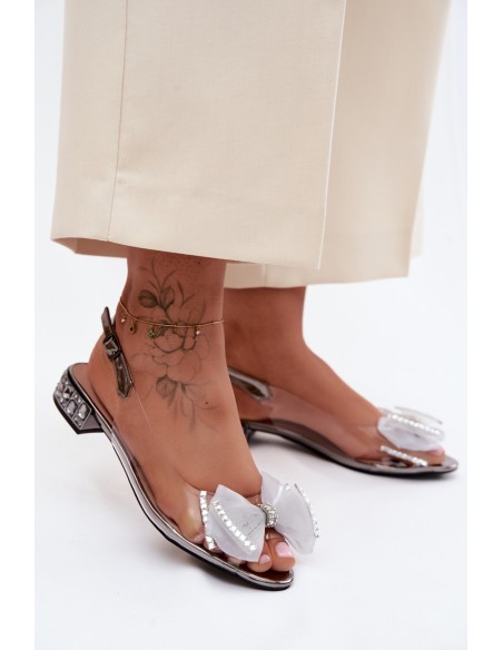 Transparent Sandals with Crystals and Mesh Bow D&A MR61-9004 Gray