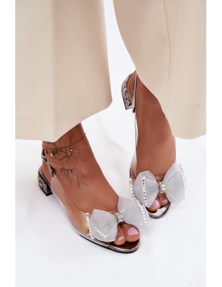 Transparent Sandals with Crystals and Mesh Bow D&A MR61-9004 Gray