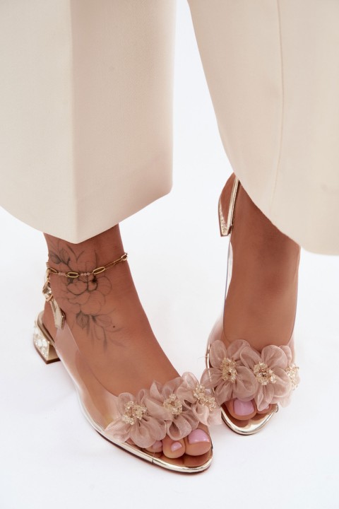 Transparent Sandals with Crystals and Mesh Flowers D&A MR61-9006 Gold