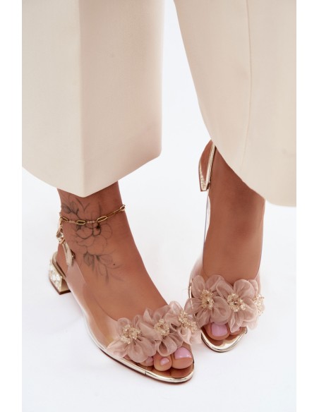 Transparent Sandals with Crystals and Mesh Flowers D&A MR61-9006 Gold