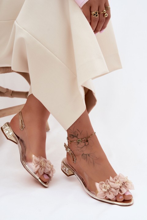 Transparent Sandals with Crystals and Mesh Flowers D&A MR61-9006 Gold