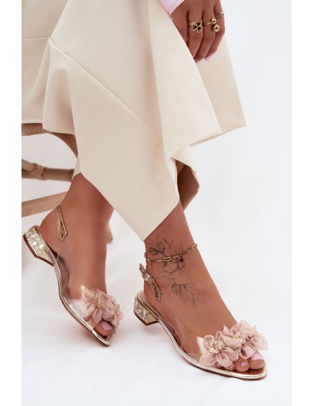 Transparent Sandals with Crystals and Mesh Flowers D&A MR61-9006 Gold