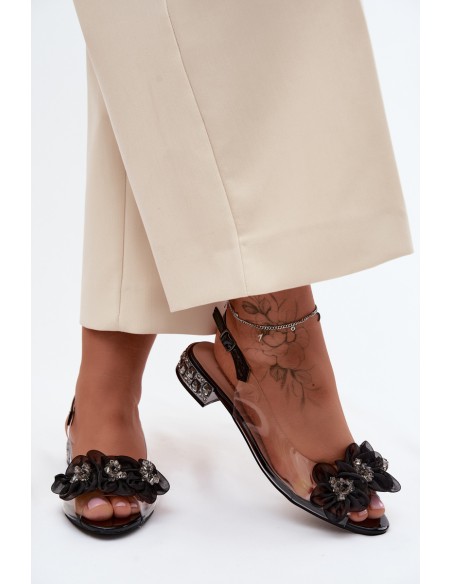 Transparent Sandals With Crystals and Mesh Flowers D&A MR61-9006 Black