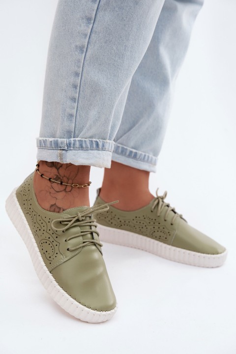 Women's Perforated Ankle Shoes With Laces Green Pearla