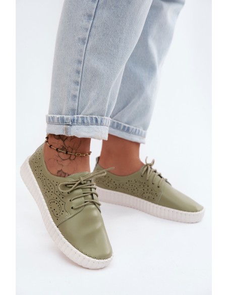 Women's Perforated Ankle Shoes With Laces Green Pearla