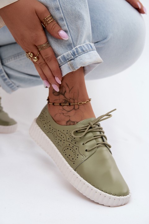 Women's Perforated Ankle Shoes With Laces Green Pearla