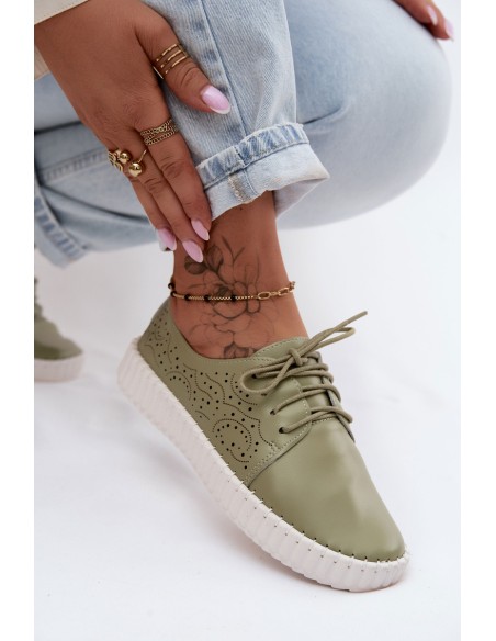 Women's Perforated Ankle Shoes With Laces Green Pearla