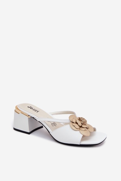 Leather Women's Heeled Sandals With Flower White Catva 2