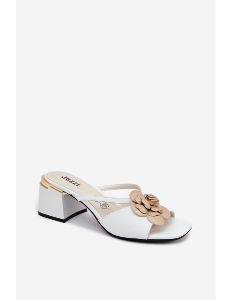 Leather Women's Heeled Sandals With Flower White Catva
