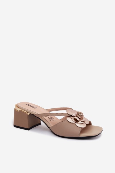 Leather Women's Heeled Sandals With Flower Beige Catva 2