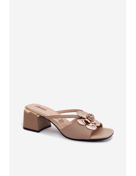 Leather Women's Heeled Sandals With Flower Beige Catva