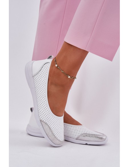 Leather Women's Perforated Ballet Flats White Lucy