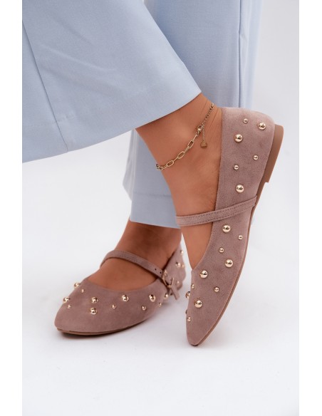 Cuddly Dark Beige Embellished Ballerinas With Strap