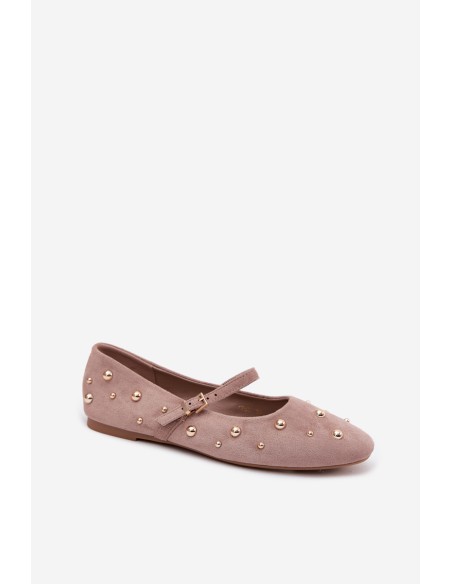 Cuddly Dark Beige Embellished Ballerinas With Strap