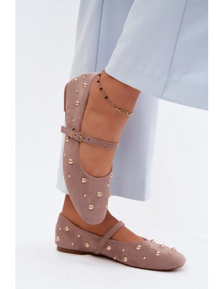 Cuddly Dark Beige Embellished Ballerinas With Strap