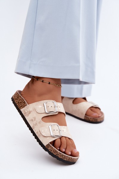 Women's Cork Heeled Sandals With Straps Beige-Gold Vivio